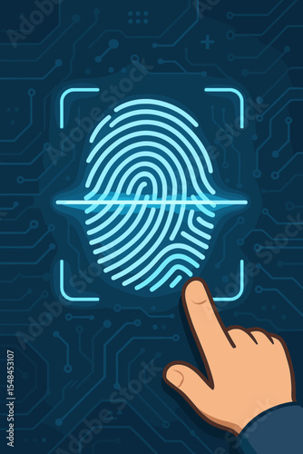 Digital fingerprint scan authentication, biometric identity verification technology, secure access control, cyber security system, fingerprint sensor cartoon, electronic data protection vector