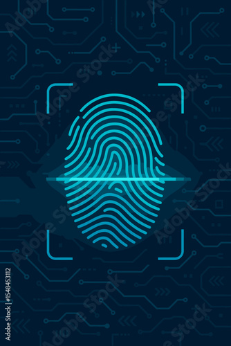 Digital fingerprint scanning technology for identity verification, biometric security system authentication, cyber network protection, vector illustration, futuristic tech circuit background