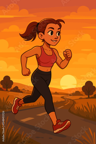 Athletic woman jogging on rural road at sunset, cartoon vector illustration. Outdoor fitness running, healthy lifestyle, exercise motivation, scenic countryside landscape, evening workout concept