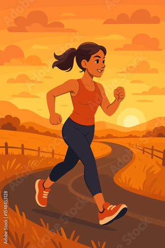 Athletic woman jogging on rural winding road at sunset, cartoon vector illustration of outdoor fitness running, female exercising in countryside landscape, healthy lifestyle concept, sunrise workout