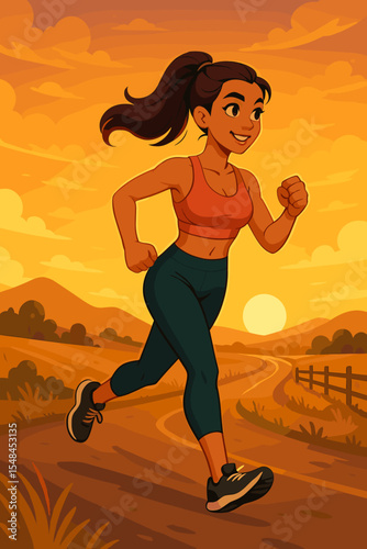 Athletic woman jogging outdoors on rural trail at sunset, fitness exercise, healthy lifestyle concept, sporty female running, countryside landscape, cartoon vector illustration for motivation