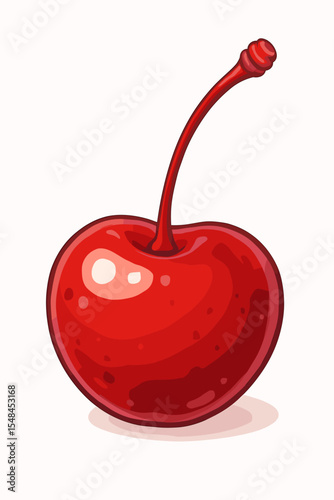 Single red maraschino cherry with stem, isolated on a white background. Vector cartoon illustration of a sweet, glossy fruit. Perfect for dessert, cocktail garnish, or food concepts.
