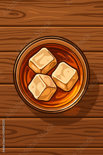 Glass of whiskey or bourbon on the rocks with ice cubes, top view. Alcoholic drink on a rustic dark wooden table or bar counter. Vector cartoon illustration for a pub menu design.