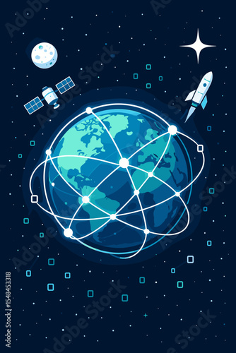 Global communication network concept with Earth in space. Worldwide data exchange, internet, and digital technology. Satellite, rocket and moon orbiting the planet. Cartoon vector.