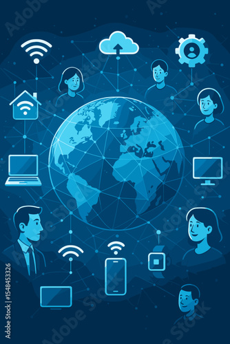 Internet of Things concept with global network connecting people and smart devices. Futuristic digital technology background with globe, cloud computing, wifi, and communication icons.