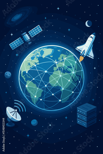 Global communication network concept. Data exchange and internet technology illustration. Earth in space with satellite, shuttle, and server. Worldwide connection and telecommunication.