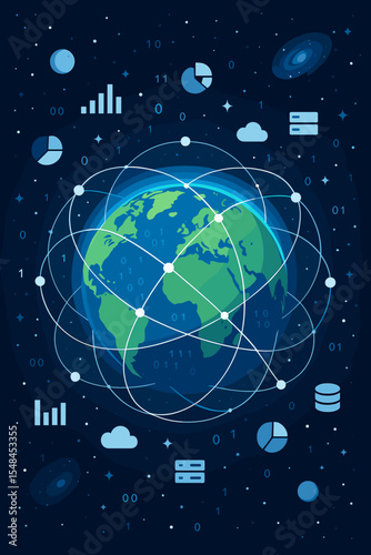 Big data analysis and global business technology concept. Earth with a digital network, information exchange, charts, and database icons. Futuristic vector illustration of connectivity.