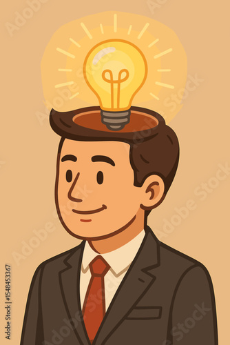 Businessman with a glowing light bulb idea in his open head. Concept for innovation, creative thinking, business solution, and inspiration. Metaphor for genius, creativity, eureka moment.