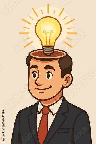 Businessman with a light bulb in head. Metaphor for a new idea, innovation, creativity. Brainstorming concept. Business solution. Inspiration, leadership, genius. Eureka moment vector.