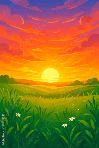 Beautiful sunset landscape with green grass meadow and flowers. Summer nature scenery background with a vibrant sun and colorful sky. Vector cartoon illustration of a peaceful rural field.