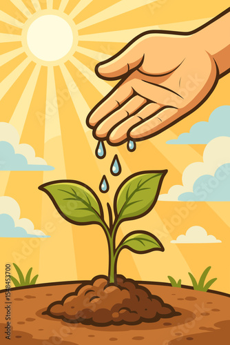 Caring hand watering a young green plant sprout in soil under the sun. Concept of growth, nurturing, new beginnings, and development. Ecology, agriculture, and sustainability metaphor.