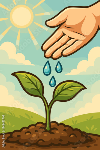 Hand gently watering young plant under bright sunshine, symbolizing nurturing growth, eco-friendly care, environmental protection, new life, and sustainable future vector cartoon illustration.