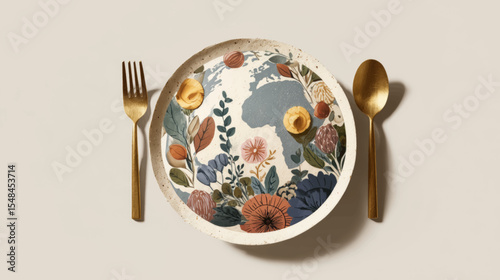 Globe-Shaped Plate With Floral Motif and Golden Cutlery for World Food Day Awareness Vector