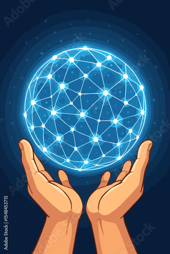 Hands holding a glowing network sphere. Global technology and communication concept. Worldwide data exchange, internet, and big data metaphor. Futuristic vector illustration.