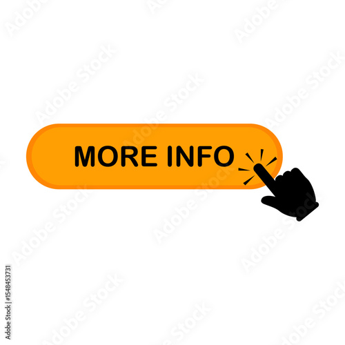 "More Info" button with a clicking hand icon, in vibrant orange. Perfect for website interfaces and digital applications to prompt users for additional details.