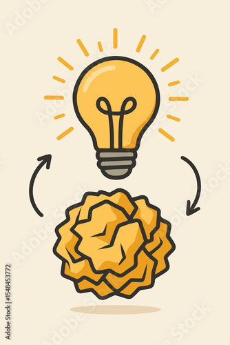 Creative brainstorming process concept. Crumpled paper ball transforms into glowing lightbulb. Innovation, new idea, creative thinking, inspiration, solution, vector illustration, isolated design