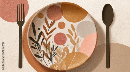 Globe-Shaped Plate With Floral Motif and Golden Cutlery for World Food Day Awareness Vector