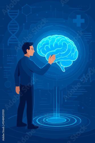 Futuristic medical technology concept with man interacting with virtual holographic human brain, innovation in neuroscience, artificial intelligence, digital diagnostics, healthcare illustration