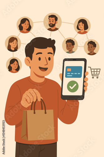 Man Using Mobile Payments for Online Shopping with Smartphone and Shopping Bag, Customer Network, Digital E-commerce Connection, Secure Transaction, Modern Technology, Vector Illustration