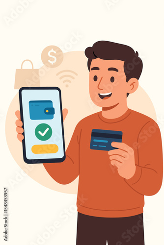 Man Making Mobile Payment with Credit Card for Online Shopping. Vector Illustration of Secure Digital Transaction, E-Wallet, Mobile Banking, Contactless Purchase, E-Commerce Technology Concept