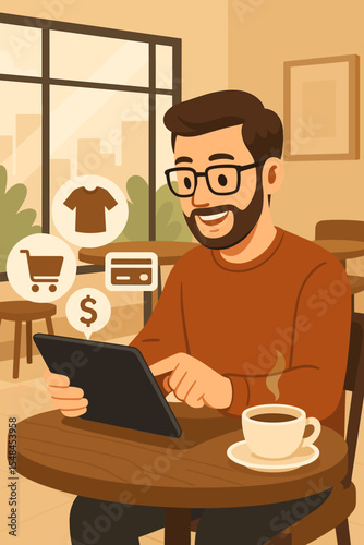Man using tablet for online shopping, digital banking, and e-commerce in cozy coffee shop. Modern lifestyle, mobile payment, contactless transaction, technology in daily life. Vector illustration