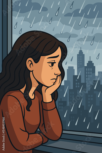 Sad woman looking out window at rainy cityscape. Depressed lonely female character in apartment during storm. Melancholy solitude, urban life, mental health, emotion, cartoon vector illustration