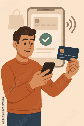 Young Man Using Mobile Payments with Credit Card for Secure Online Shopping and Contactless Payment Technology, Vector Cartoon Illustration