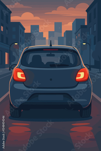 Urban city street at dusk with compact car rear view, glowing taillights, modern buildings, evening atmosphere, vector illustration, night driving, transportation concept, cityscape background