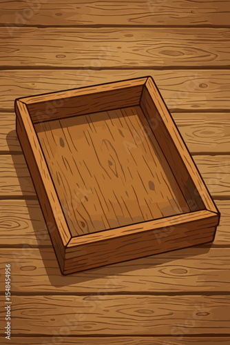 Rustic empty wooden tray on textured plank background. Cartoon vector illustration of vintage serving box, natural wood texture, kitchen decor, food display, rustic tabletop mockup, blank container