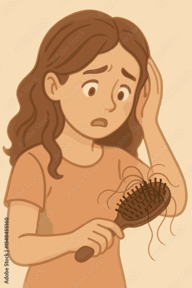 Hair loss worry concept. Woman noticing excessive hair shedding on hairbrush. Vector cartoon illustration of female holding brush with fallen hair, alopecia problem, scalp health, stress, hair care