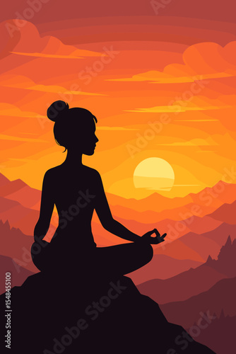 Serene woman meditating silhouette, peaceful yoga pose on mountain at sunrise, tranquil nature landscape, mindfulness, calm, inner peace, vibrant orange sky, wellness, vector illustration