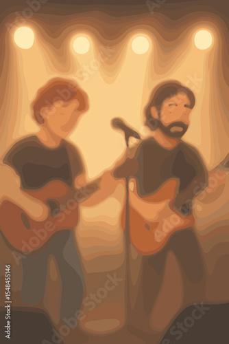 Soft Focus Cartoon Guitarists on Stage Performing Live with Acoustic and Electric Guitars, Warm Concert Lighting, Musical Duo Illustration, Vector Background for Music Event, Band Performance Concept