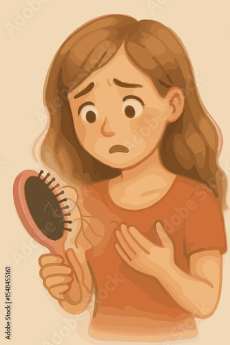 Worried Young Woman Hair Loss Concept. Soft Pastel Vector Illustration. Female Shocked by Hair on Brush. Health Problem, Alopecia, Haircare Stress, Falling Hair, Emotional Reaction, Beauty Concern