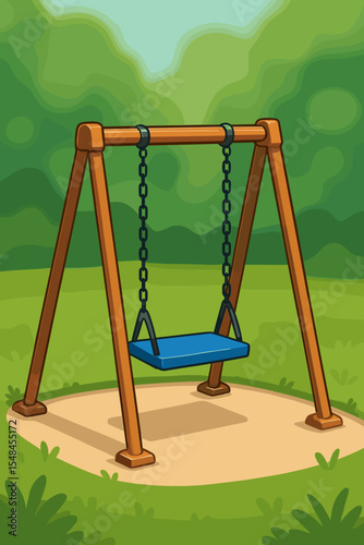 Lonely blue swing in empty park, vector cartoon illustration. Playground equipment on sand patch, wooden frame, lush green blurred background, outdoor play area, childhood nostalgia concept