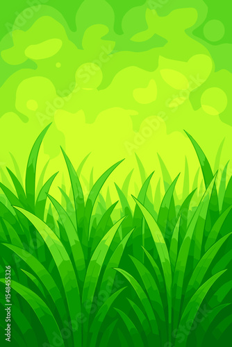 Lush green grass blades with soft bokeh light background. Fresh nature meadow field scene. Vibrant spring or summer foliage. Abstract vector cartoon landscape for eco, outdoors, or garden themes