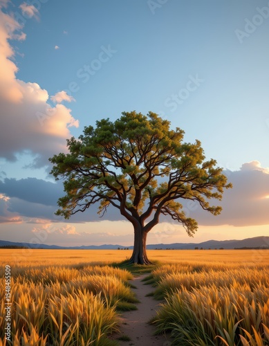 Serene Tree in Golden Field at Sunset