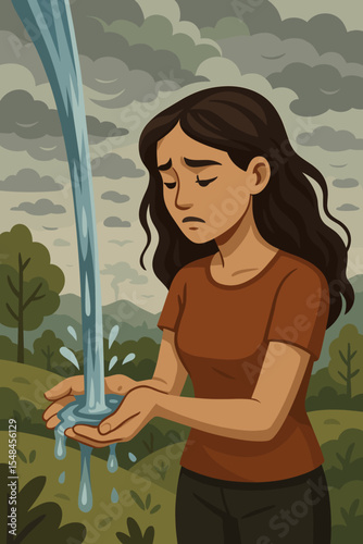 Concept of water scarcity and environmental issues. Sad woman catching dripping water. Climate change, drought, and pollution concept. Natural resource depletion vector illustration.
