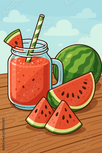Watermelon smoothie in a mason jar with a straw and fresh fruit slices on a rustic wooden table. Healthy refreshing summer drink concept. Vector cartoon illustration for a picnic.