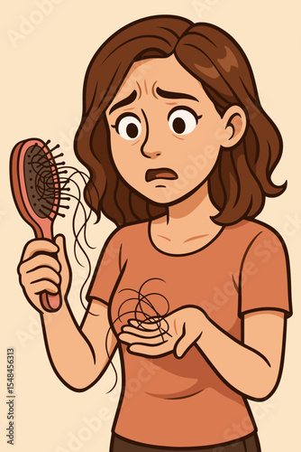 Worried woman discovering hair loss on her hairbrush. Sad girl with alopecia problem holding fallen hair. Concept of hair thinning, health issues, stress, shedding. Vector cartoon.