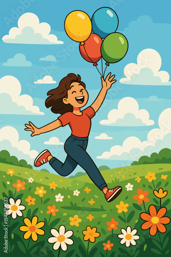 Happy young woman running with colorful balloons in a summer flower meadow. Joyful girl celebrating freedom and happiness in nature. Vector cartoon concept for a carefree lifestyle.
