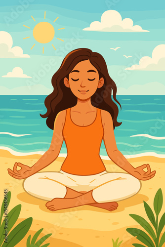 Serene woman meditating in lotus yoga pose on a sunny summer beach. Girl practicing mindfulness for relaxation, mental health, and spiritual harmony. Healthy lifestyle concept. Vector.