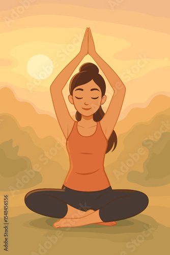 Tranquil woman practicing yoga meditation in lotus position at sunrise, serene morning outdoor scene, peaceful mind, wellness exercise, mindfulness routine, soft light nature background vector