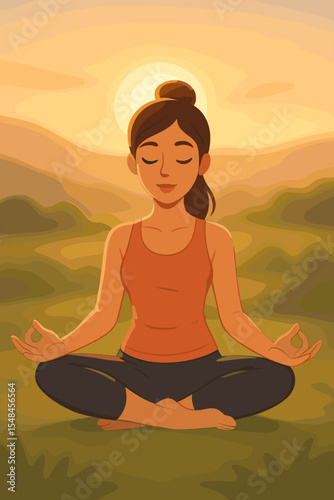 Woman practicing yoga meditation in lotus pose at sunrise. Serene girl in nature enjoying a peaceful morning. Concept for mindfulness, wellness, balance, and healthy lifestyle.
