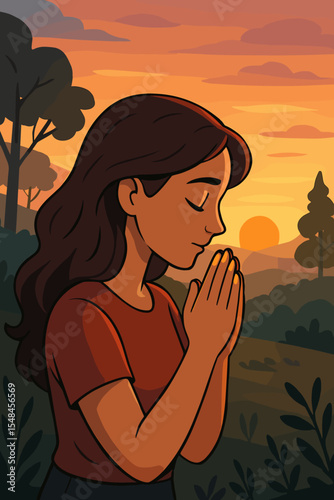Woman praying at sunset. Concept of faith, gratitude, and spirituality. Peaceful girl meditating with hands together in nature. Serene religious moment. Vector cartoon illustration.