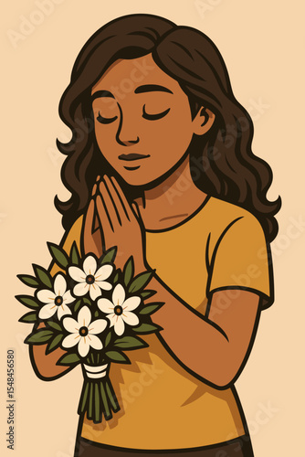 Spiritual woman in prayer holding white flowers. A symbol of devotion, respect, and peace. Cartoon vector illustration for concepts of faith, gratitude, hope, and condolences.