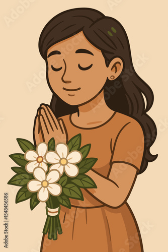 Devout woman with closed eyes and hands clasped in prayer holding a bouquet of white flowers. A concept of spirituality, faith, gratitude, devotion, respect, and hope. Vector cartoon.