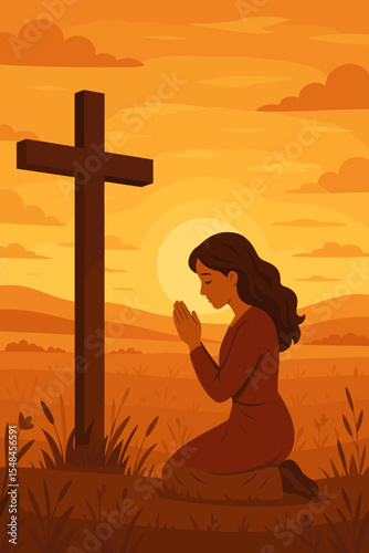 Christian woman kneeling in prayer before a cross at sunset. Religious vector illustration about faith, salvation, and devotion. Concept of worship, spirituality, and belief in God.