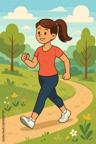 Active woman walking in a park, exercising on a nature trail. Healthy lifestyle, fitness, and wellness concept. Outdoor summer activity for cardio and mental health. Vector cartoon.