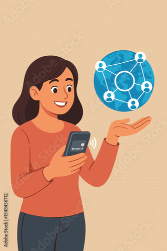 Happy woman using smartphone for contactless mobile payment. Global customer network concept for fintech, international business, e-commerce, online banking, and social connection. Vector.