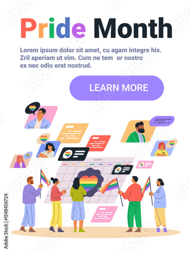 Pride month celebration diverse people rainbow flags calendar event social media messages colorful modern website banner template